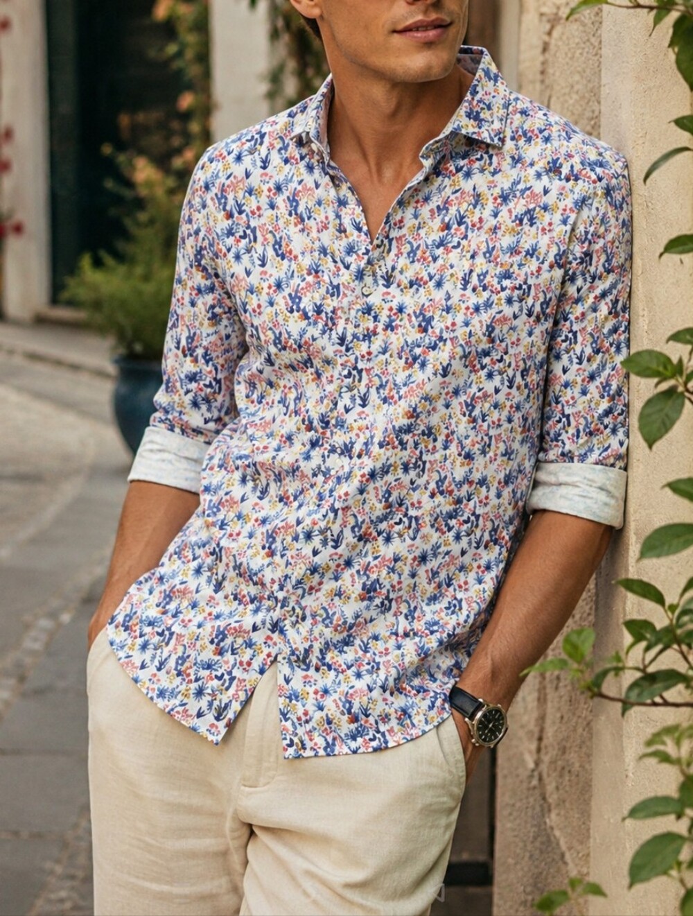 Simons Floral Linen Print Button-Up Shirt White Blue Long Sleeve Botanical